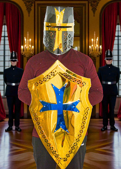 Templar Knight Costume Set – Brass Finish Shield & Helmet with Cross