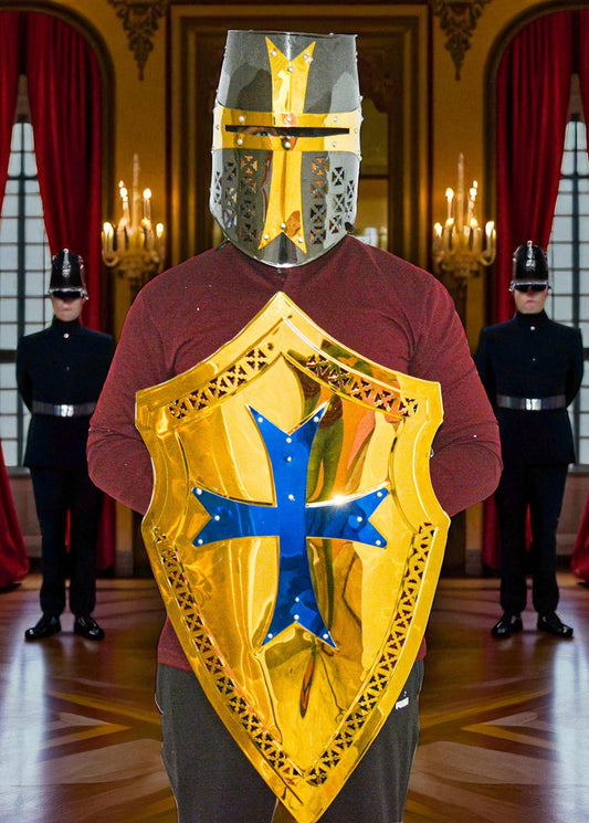 Templar Knight Costume Set – Brass Finish Shield & Helmet with Cross