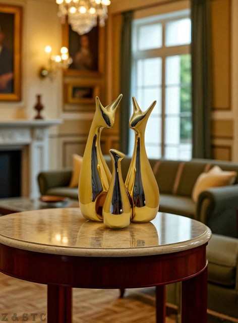 Lucky Deer Statue Set golden Ceramic Animal Figures for Modern Home & Office Dec