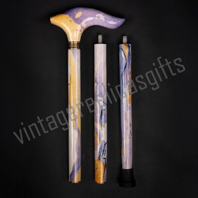 Hydro Dipped Walking Stick Wooden Cane 36” Detachable 3 Piece Brass Ring Vintage