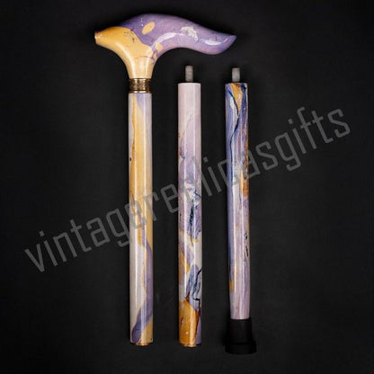 Hydro Dipped Walking Stick Wooden Cane 36” Detachable 3 Piece Brass Ring Vintage