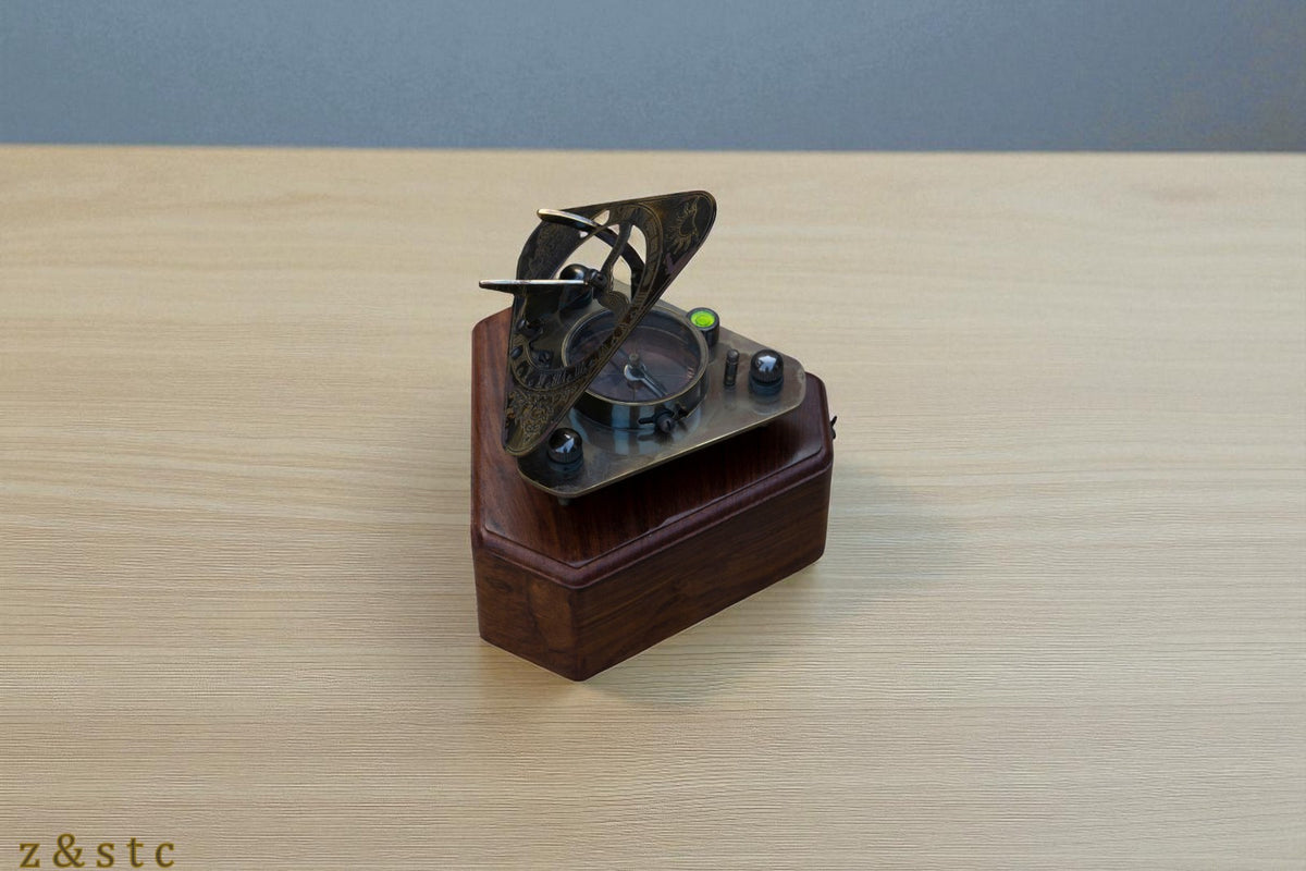 Gilbert & Sons Brass Sundial Compass – Vintage Triangular Design with Wooden Box
