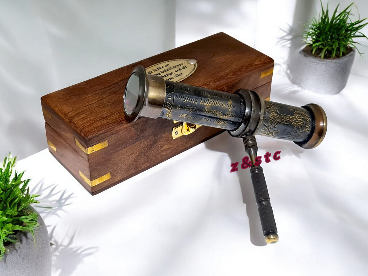 Handmade Brass Kaleidoscope with Wooden Box  Antique Style Replica