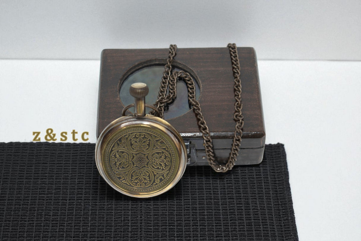 Classic Brass Pocket Watch with Black Wood Box – Retro Gifting Idea