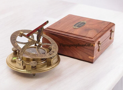 Nautical Sundial Compass with Wooden Box Vintage Collectible Gift