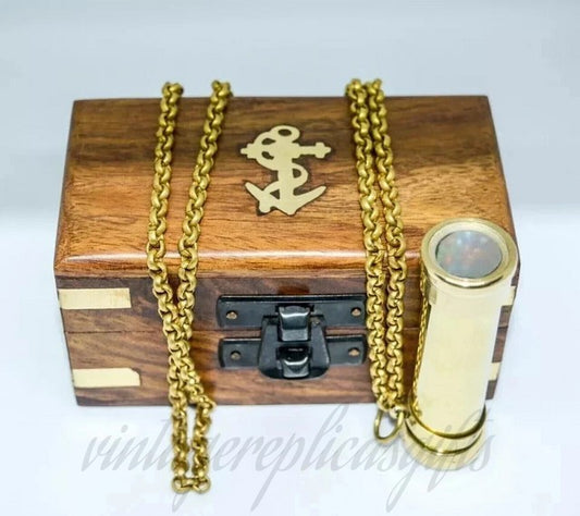 Antique Brass Kaleidoscope Vintage Nautical Maritime Pocket Toy Gift Wooden Box