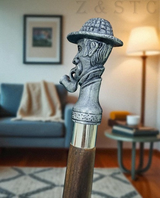 Vintage Sherlock Head Handle Wooden Walking Cane – Chrome & Brass Engraved