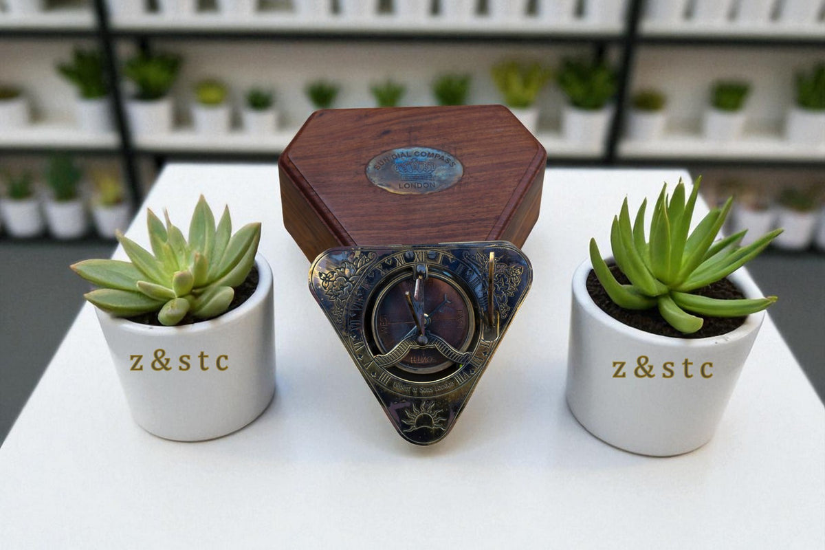 Gilbert & Sons Brass Sundial Compass – Vintage Triangular Design with Wooden Box