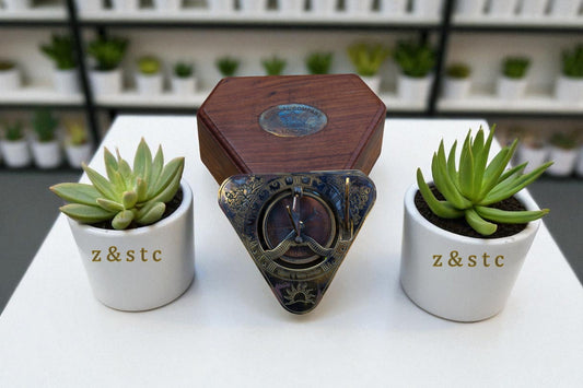 Gilbert & Sons Brass Sundial Compass – Vintage Triangular Design with Wooden Box