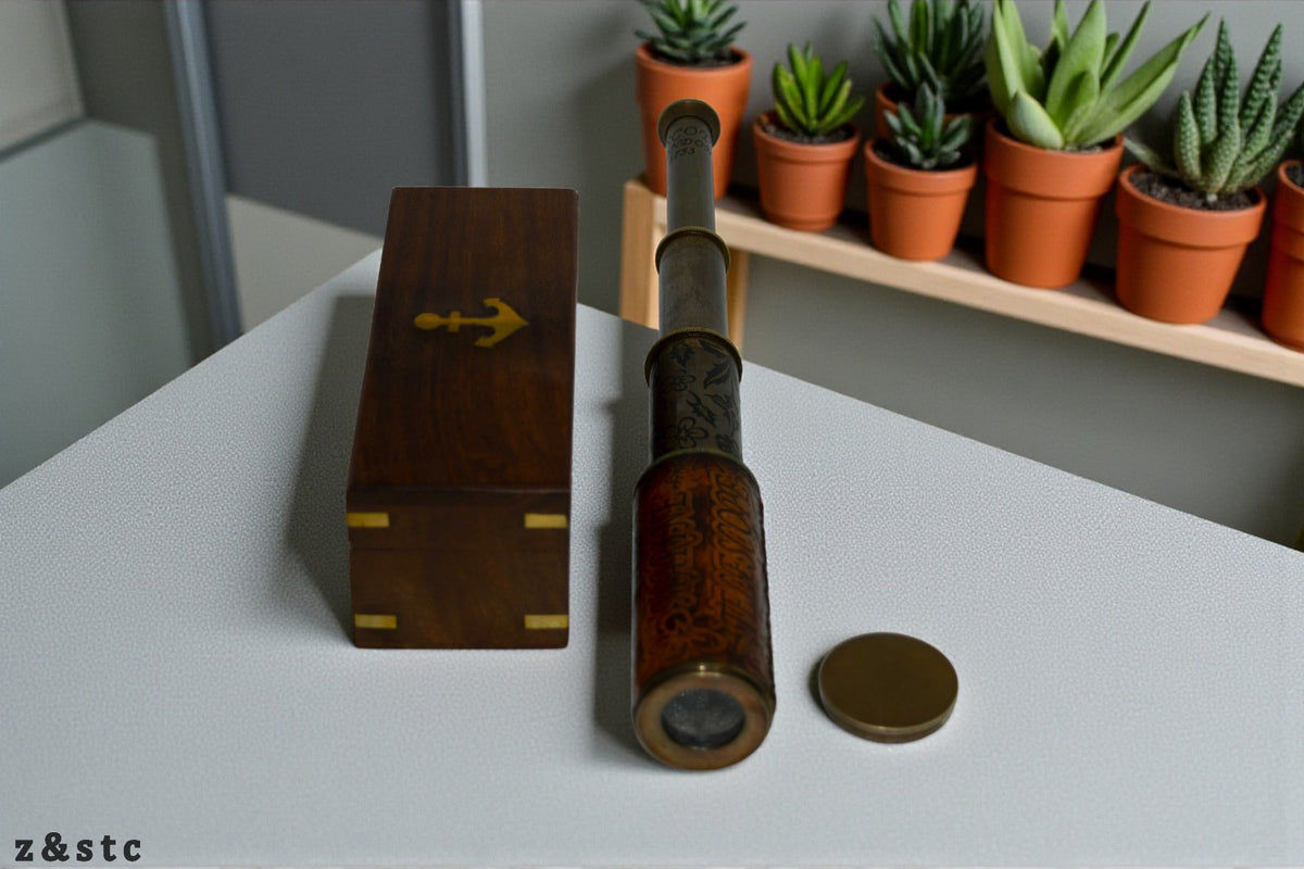 Nautical Brass Spyglass Telescope in Handcrafted Wooden Box – Maritime Decor