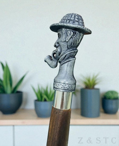 Vintage Sherlock Head Handle Wooden Walking Cane – Chrome & Brass Engraved