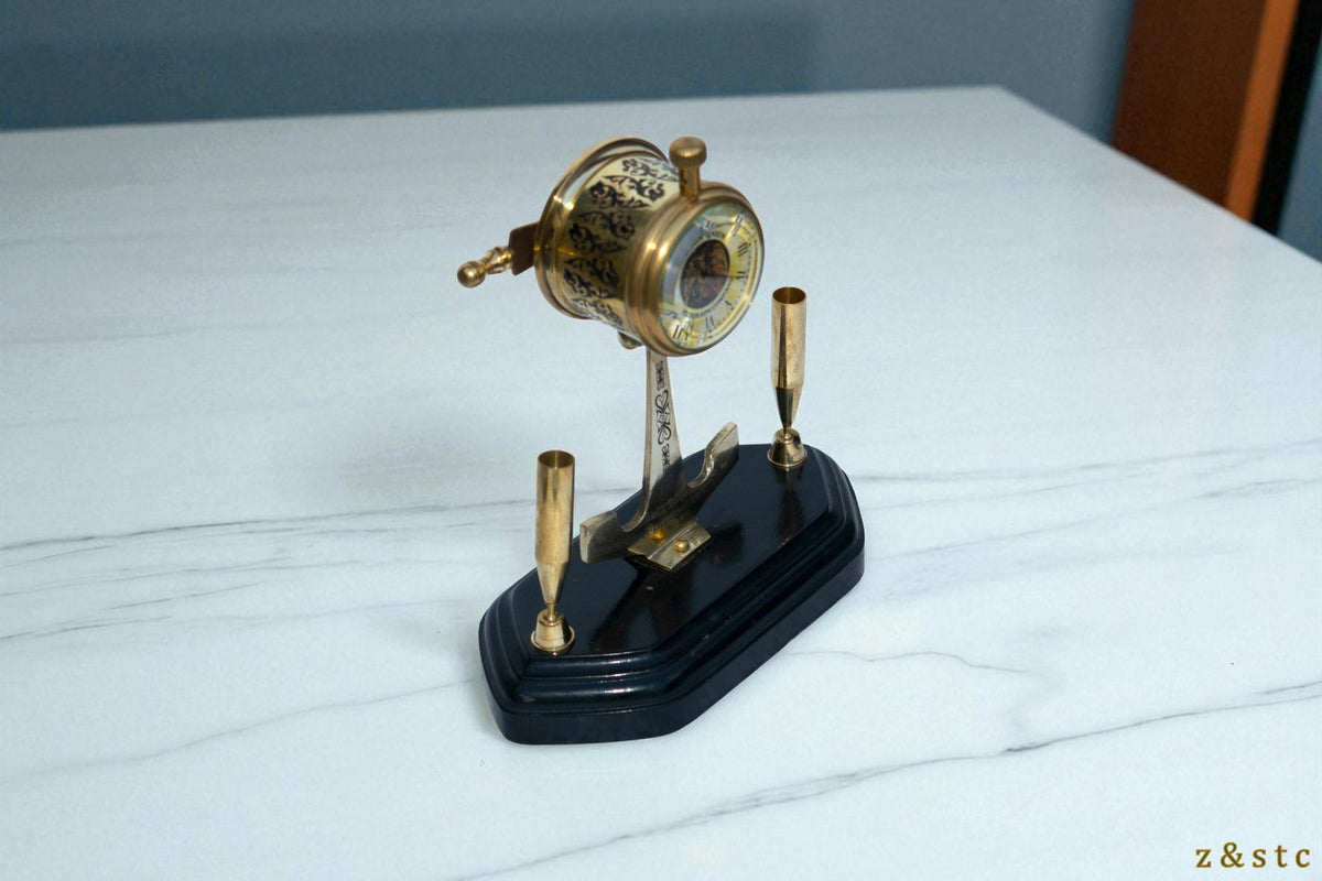 Brass Telegraph Figurine Pen Stand Vintage Watch Design Handmade Desk Organizer