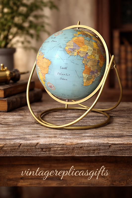 8” Blue World Globe with Gold Ring Tripod Stand Rotating 360° Desk Decor Vintage