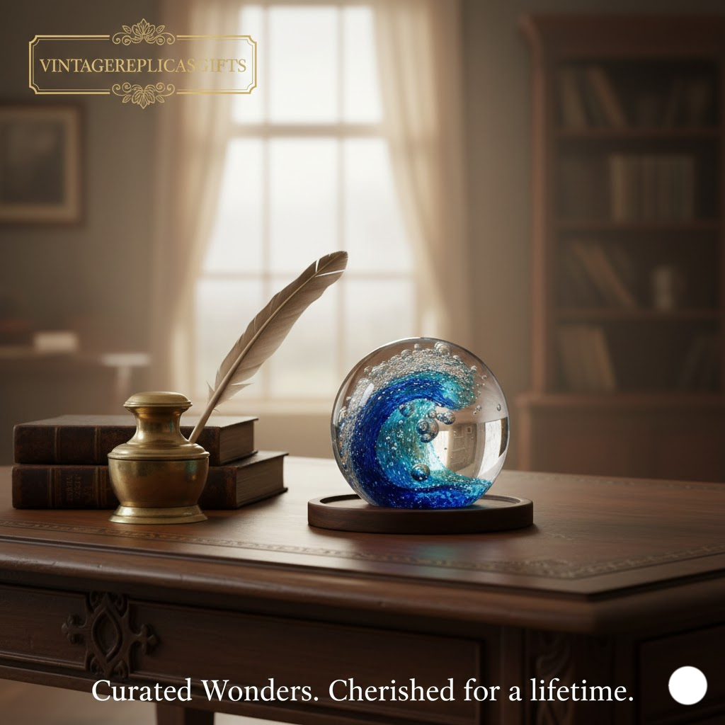 Hand-Blown Glass Ocean Wave Paperweight – Marine Art Decor for Home, Office.