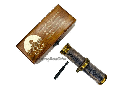 vintage style brass & leather Kaleidoscope w/ Wooden Box Custom Wedding Gift,