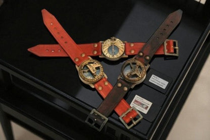Set of 3 – Antique Brass Sundial Compass with Leather Case & Chain Gift