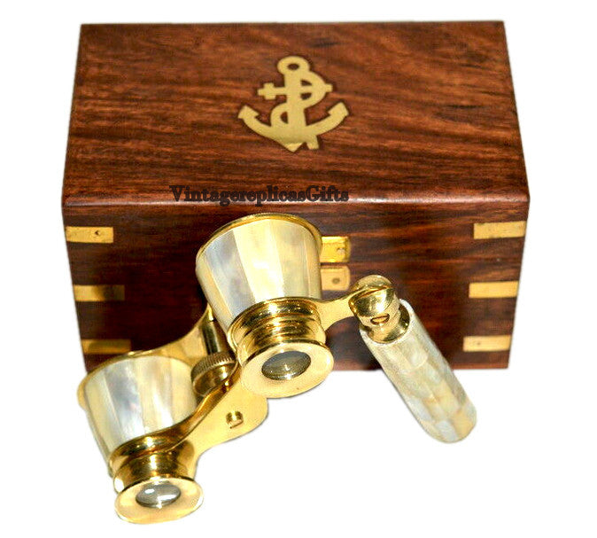 Brass 4" Mother of Pearl Binoculars – Nautical Maritime with Wooden Box