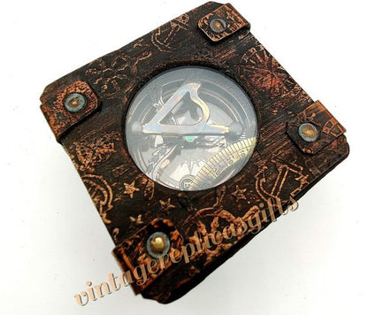 Vintage Brass sundial compass 3" with leather box directional collectible gift