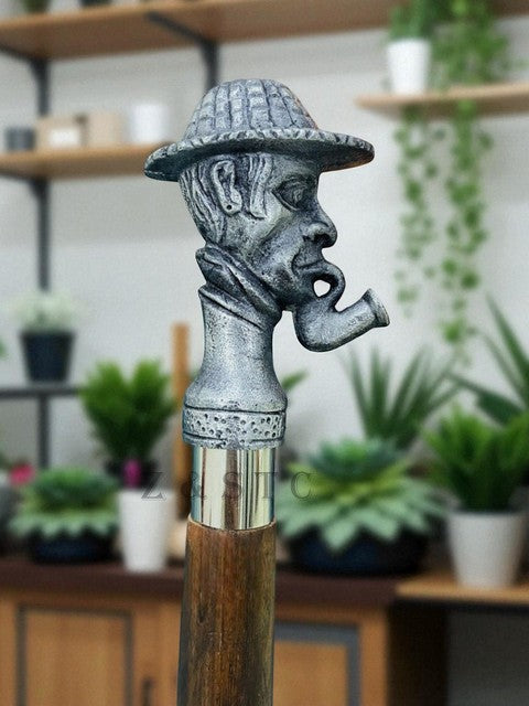 Vintage Sherlock Head Handle Wooden Walking Cane – Chrome & Brass Engraved
