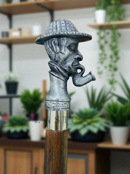 Vintage Sherlock Head Handle Wooden Walking Cane – Chrome & Brass Engraved