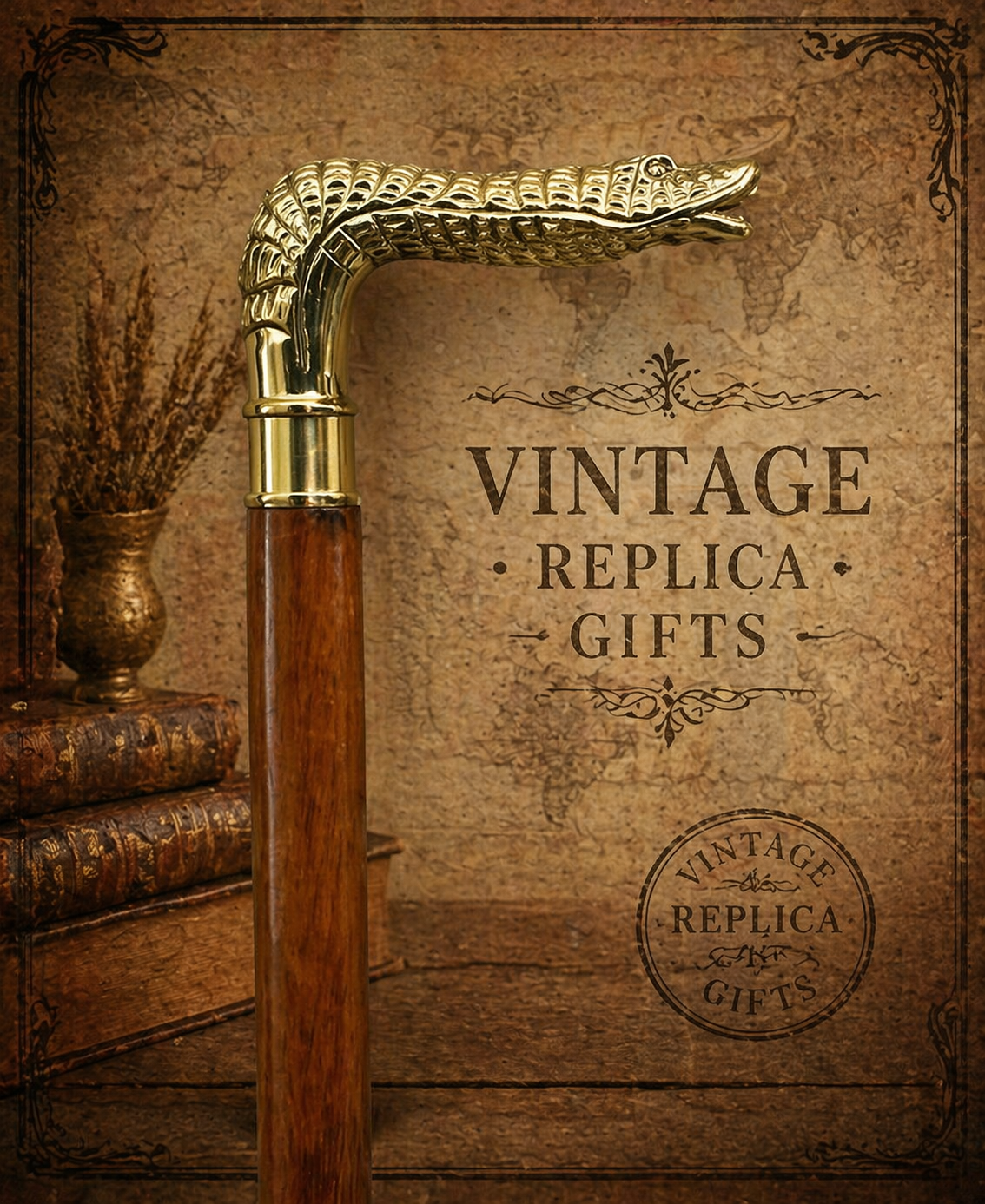 Snake Head Brass Handle Cane 3 Ft Wooden Walking Stick Vintage Nautical Gift