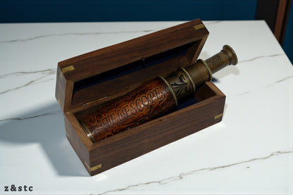 Nautical Brass Spyglass Telescope in Handcrafted Wooden Box – Maritime Decor