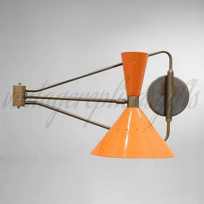 Vintage Mid Century Wall Lamp Swing Arm Sconce Orange Metal & Brass Handmade 26"