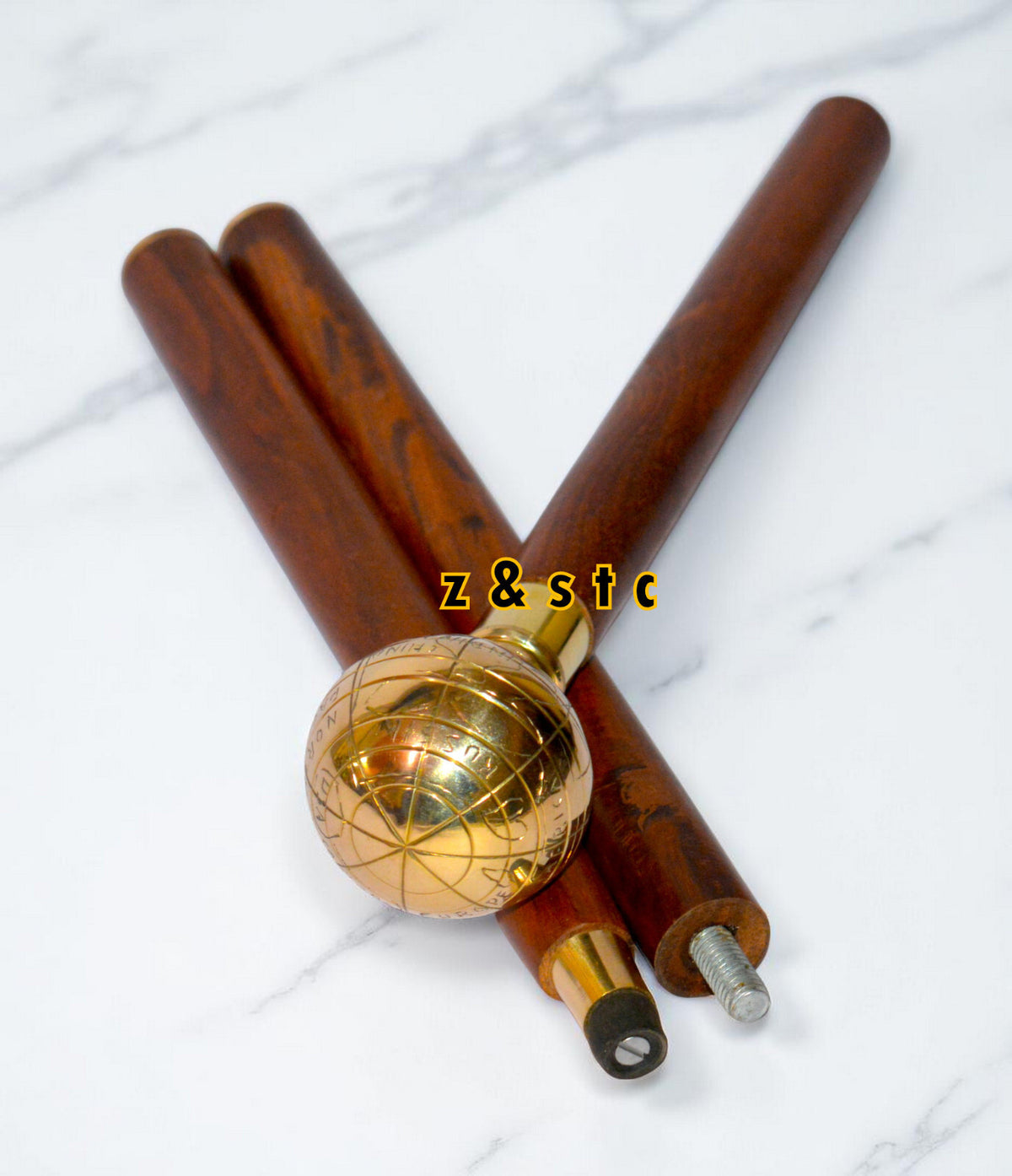 Vintage Brass Globe Head Walking Stick – Antique Style Wooden Cane