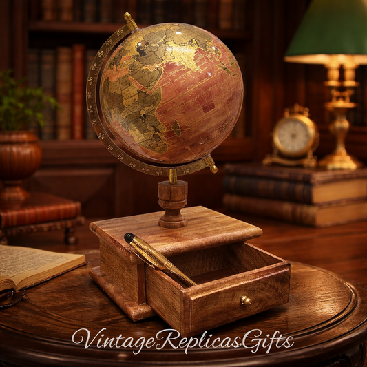 Vintage 8” Spinning World Globe with Wooden Drawer Base Gold Foil Map Desk Decor