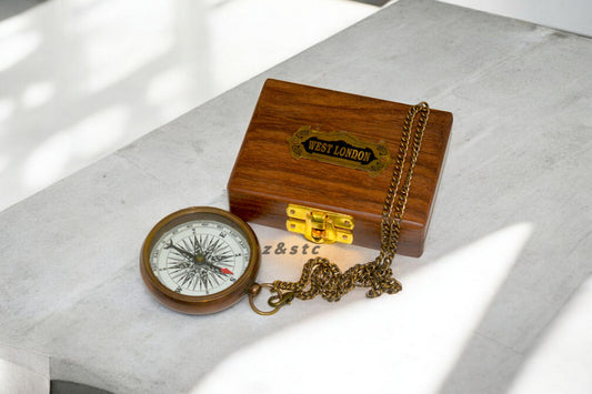 Antique Style Brass Compass in Wooden Storage Box – Classic Adventure Tool