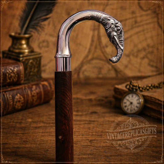 Vintage Brass Elephant Head Walking Stick Cane 37” Wooden Shaft Chrome Handle Gi