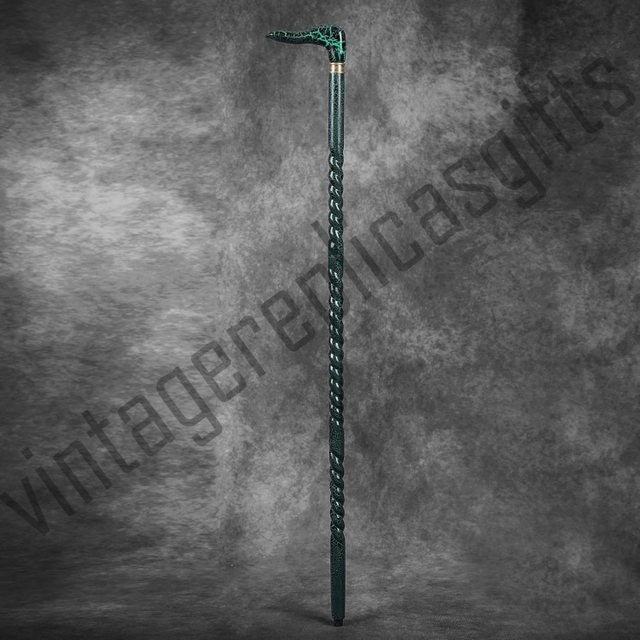 Handmade Fractal Burn Wooden Cane Green Electric Finish – Derby Handle