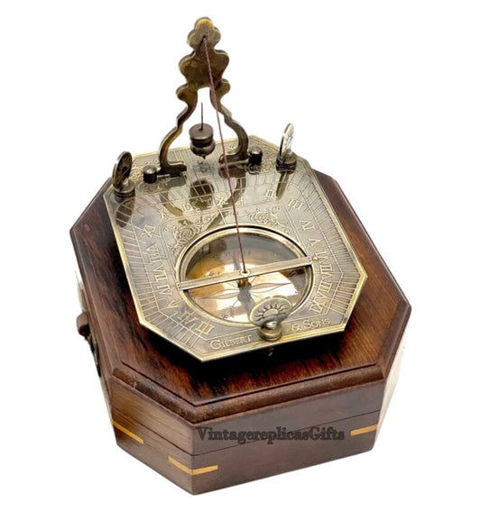 Antique Brass Pendulum Sundial Compass w/ Wooden Box Vintage Style Nautical Gift