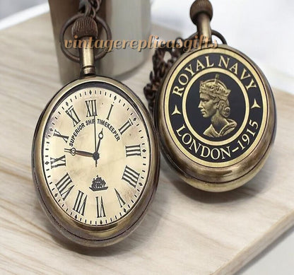 Classic Brass Pocket Watch & Chain with Elegant Wooden Box - Perfect Gift Set