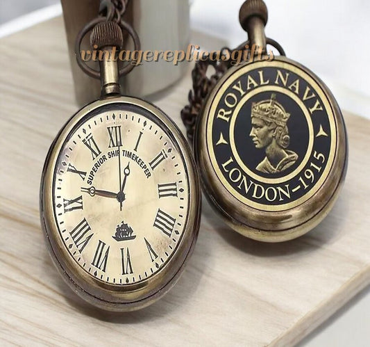 Classic Brass Pocket Watch & Chain with Elegant Wooden Box - Perfect Gift Set