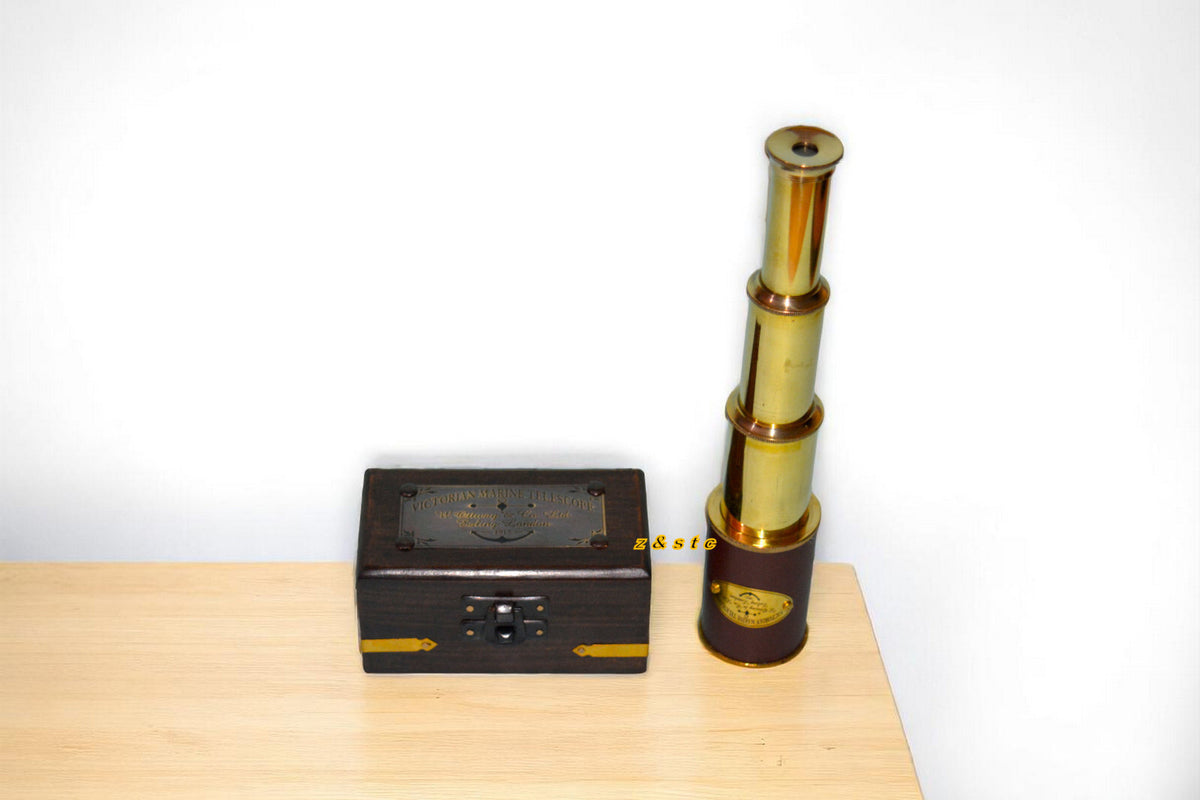 Victorian marine brass telescope with wooden box – antique nautical collectible