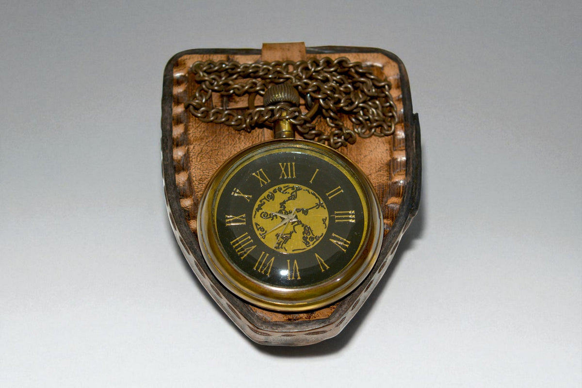 Vintage Brass Pocket Watch with Leather Case – Classic Collectible Timepiece
