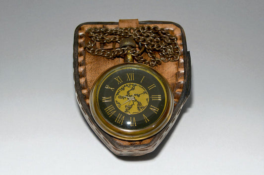 Vintage Brass Pocket Watch with Leather Case – Classic Collectible Timepiece