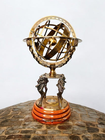 Vintage Brass 18'' Armillary Sphere Globe with Wooden Base Antique Style Gift