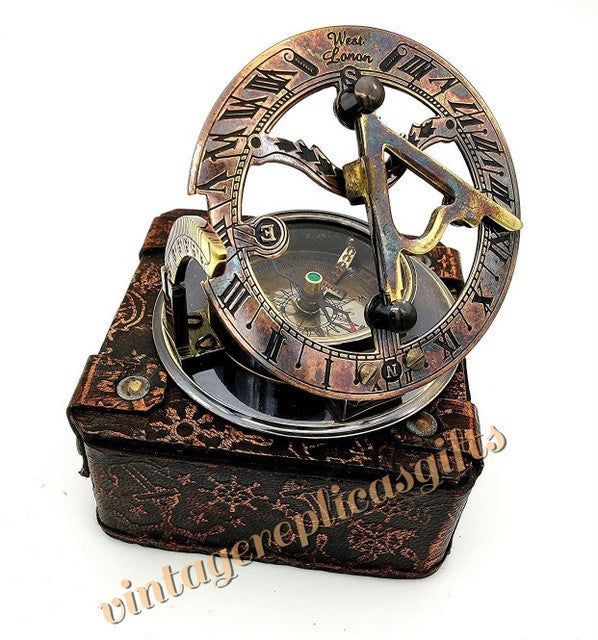 Vintage Brass sundial compass 3" with leather box directional collectible gift