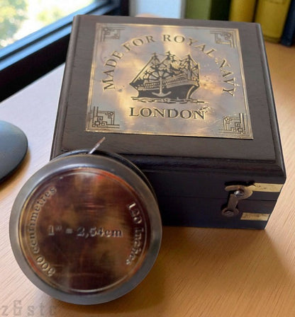 Antique Brass London Navy Measuring Tape – Vintage Desktop with Rosewood Box