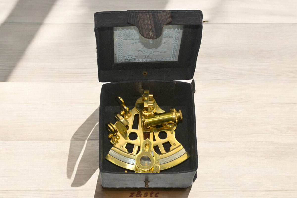 Antique Style 4” Brass Nautical German Sextant with Leather Box  Vintage Replic