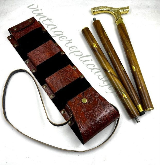 Victorian Brass Folding Cane & Leather Case