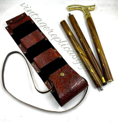 Victorian Brass Folding Cane & Leather Case