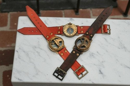 Set of 3 – Antique Brass Sundial Compass with Leather Case & Chain Gift