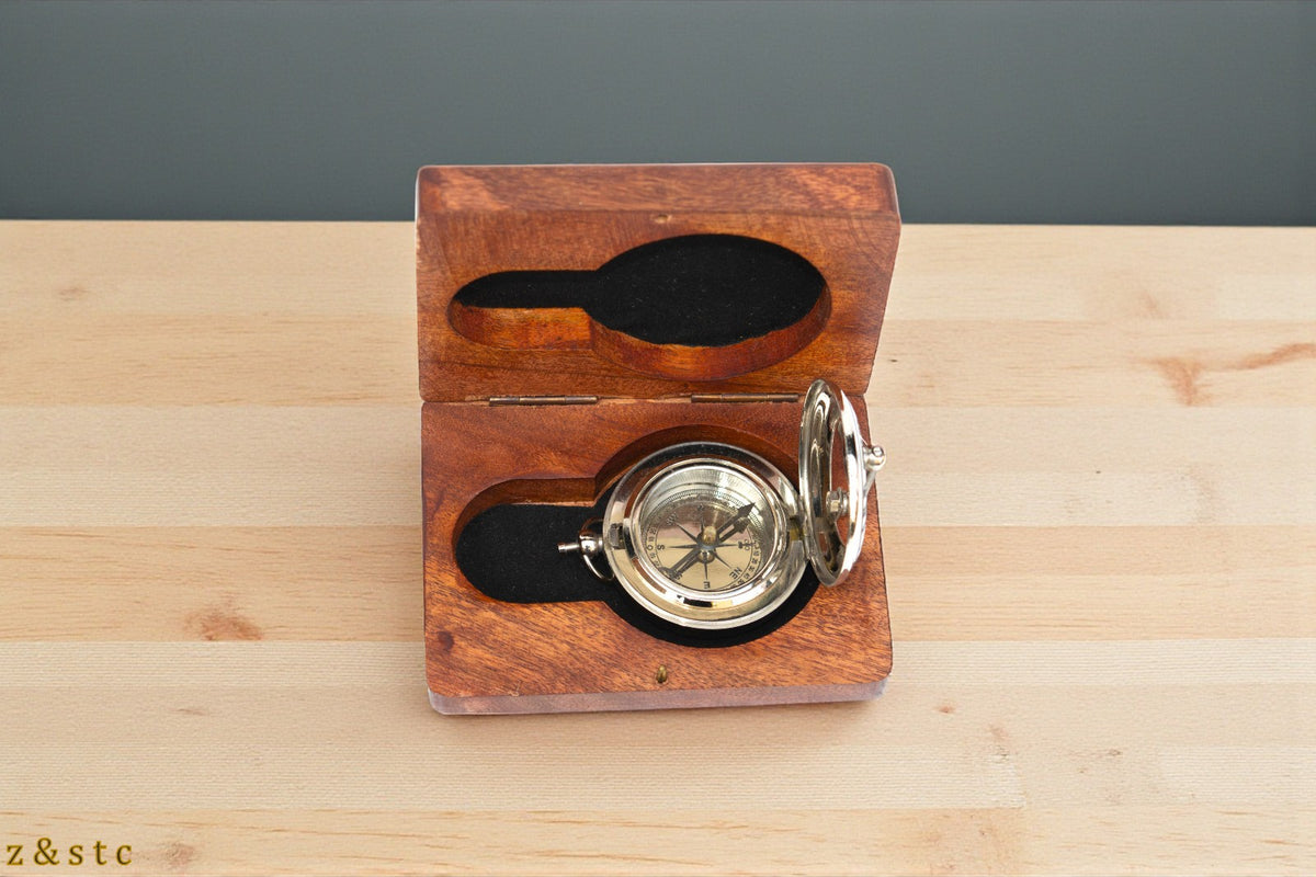 Silver Finish Compass with Wooden Storage Box – Vintage Push Button Design