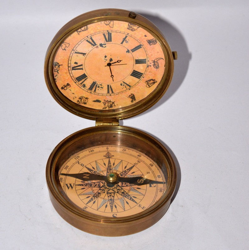 Vintage Brass Desk Clock with Magnetic Compass – Nautical Collectible Gift Item