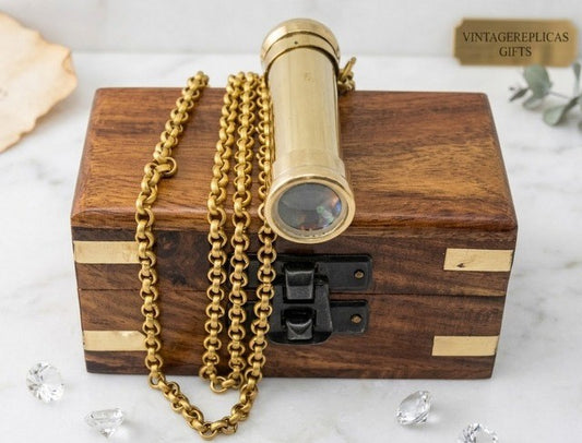 Antique Brass Kaleidoscope Vintage Nautical Maritime Pocket Toy Gift Wooden Box