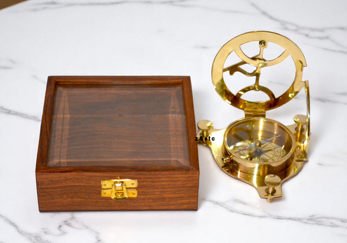 Marine Brass Compass with Wooden Display Case | Antique Nautical Gift Idea