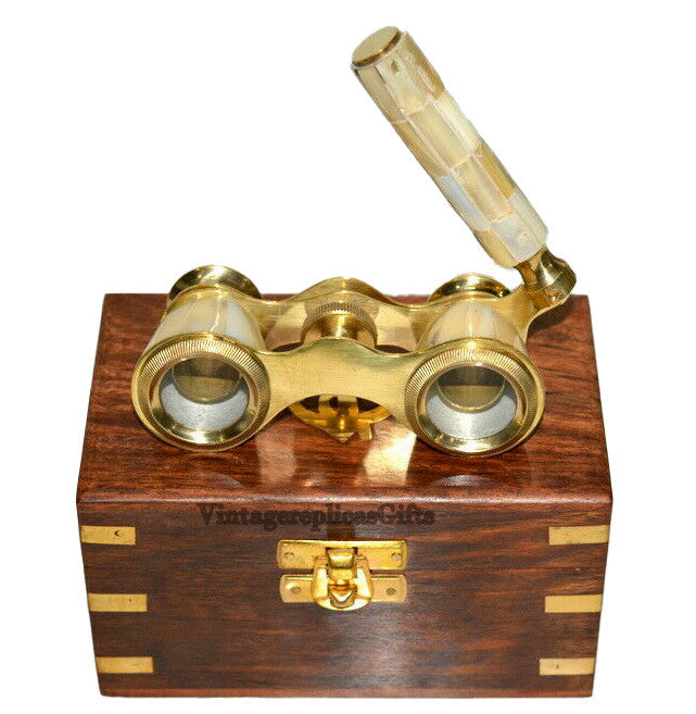 Brass 4" Mother of Pearl Binoculars – Nautical Maritime with Wooden Box